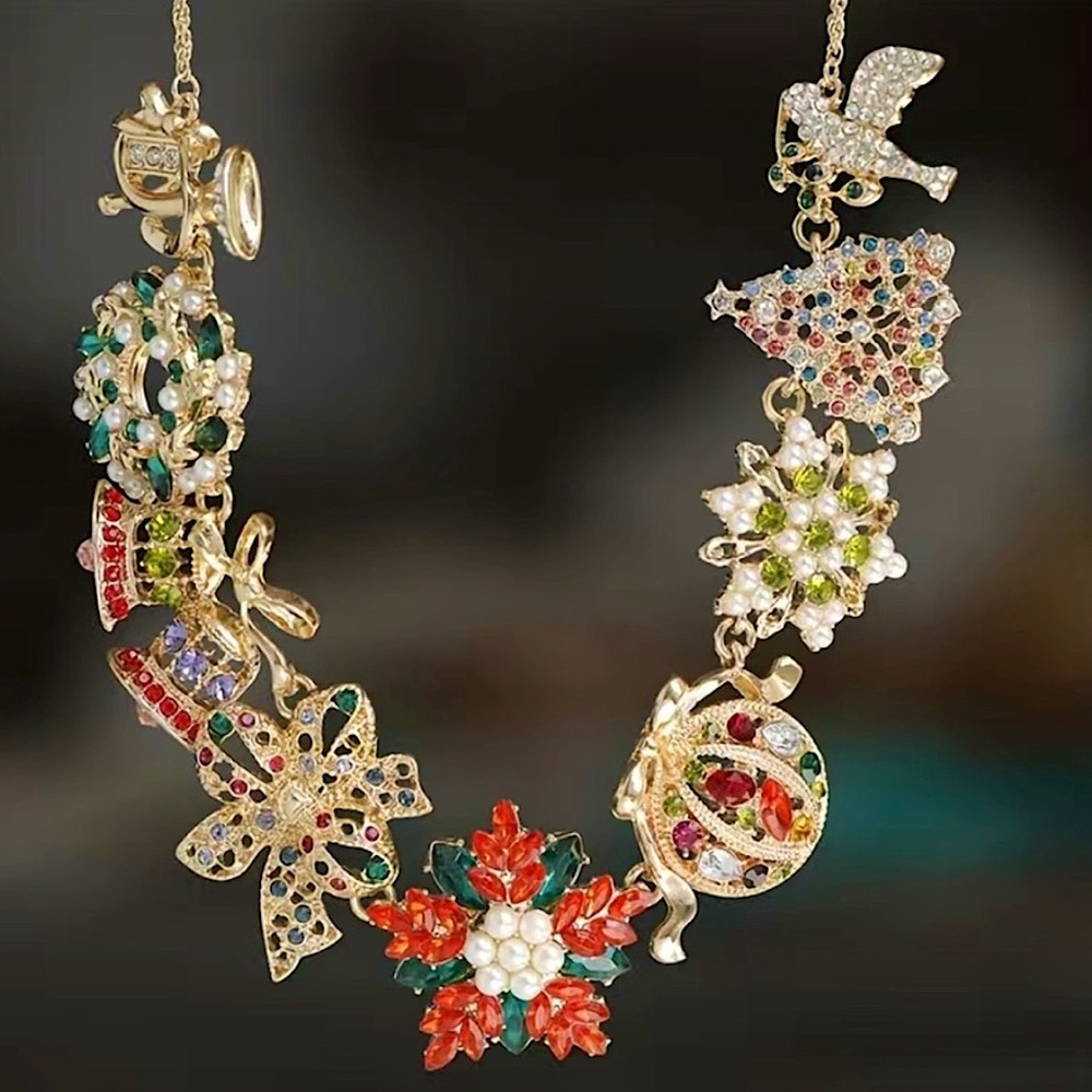 Private Label Gold Tone Floral Multicolor Crystal Charm Necklace